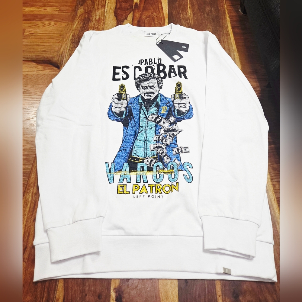 Left Points Pablo Escobar White Graphic Men's Sweater
